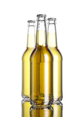 The bottle of beer on the white softbox background and mirror table. 3D rendering mockup