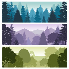 Silhouette forest panorama skyline with pine trees, vector nature wildlife landscape backgrounds