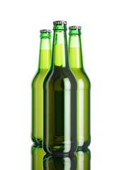 The bottle of beer on the white softbox background and mirror table. 3D rendering mockup