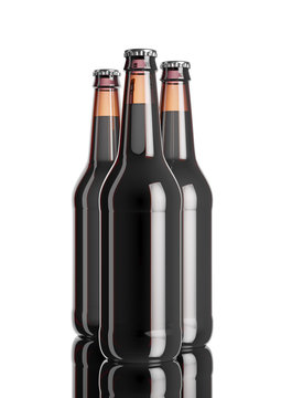 The bottle of beer on the white softbox background and mirror table. 3D rendering mockup