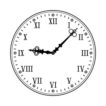 Clock face with roman numerals. Black flat drawing on white background
