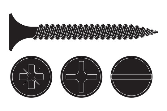 Wood screw. Black fastener with various drives - phillips, frearson and slotted