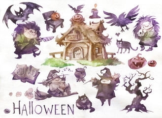 Watercolor set of halloween funny illustrations of witches, their house, cats, magic book, crooked tree