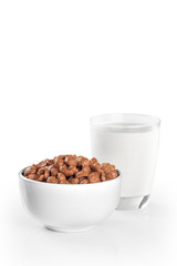 cereal and milk on white background.