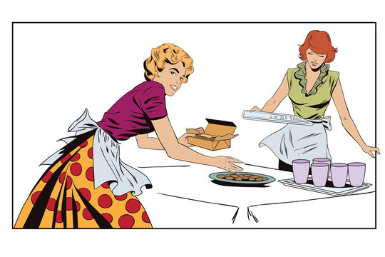 Girls in kitchen serve the table. Stock illustration. People in retro style.