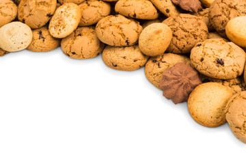 Lots of cookies and biscuits at white with copy space