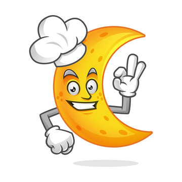 Chef moon mascot wearing chef hat, moon character, moon cartoon vector, Crescent Moon
