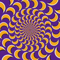 Optical motion illusion vector background. Yellow crescent flock together circularly to the center on purple background.