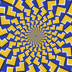 Optical motion illusion background. Yellow arrows fly apart circularly from the center on blue background.