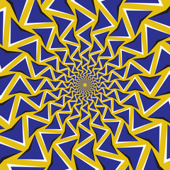 Optical motion illusion background. Blue arrows revolve circularly around the center on yellow background.