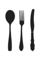 Cutlery silhouettes on the white background. Raster fork, knife and spoon