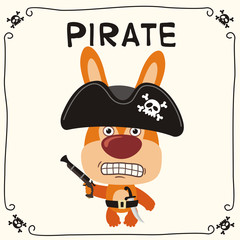 Funny bunny rabbit in costume of pirate with pistol. Pirate bunny rabbit in cartoon style.