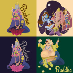 Set of isolated hindu gods meditation in yoga poses lotus and Goddess hinduism religion, traditional asian culture spiritual mythology, deity worship festival vector illustrations, T-shirt concepts