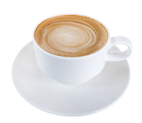 Hot coffee latte cappuccino spiral foam in ceramic cup isolated on white background, clipping path included