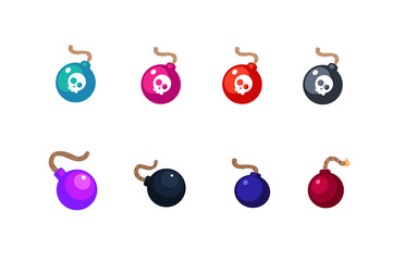 Set of colored bomb symbols. Vector illustration isolated on white. Set of bomb about to blast. Illustration of a cartoon black bomb icon about to explode with burning wick. Bomb signs with skulls. 