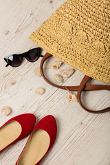 Summer fashion set. Women's bag, shoes (ballerinas) and sunglasses.