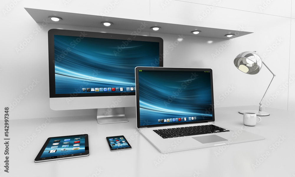 Poster Modern white desk interior with computer and devices 3D rendering