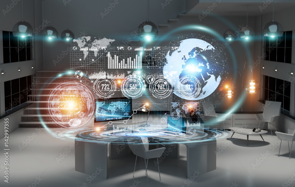 Poster Workplace with modern devices and hologram screens 3D rendering