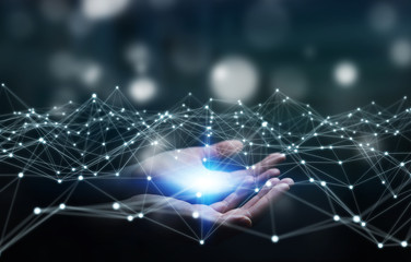 Dot flying network held by businesswoman 3D rendering