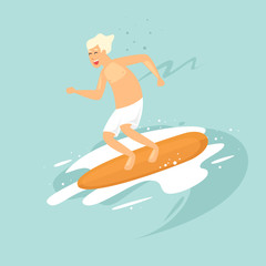 Guy is surfing. Flat vector illustration in cartoon style.