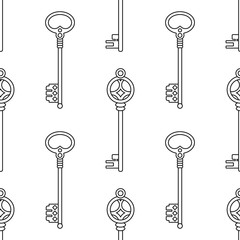 Black and white seamless pattern with vintage, old keys for coloring books, pages.