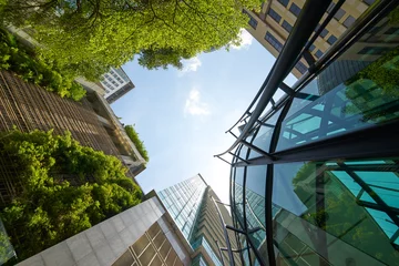 Foto op Aluminium Low angle shot of modern glass buildings and green with clear sky background. © jamesteohart