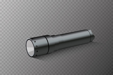 Pocket metallic touristic flashlight. Luminescence equipment.