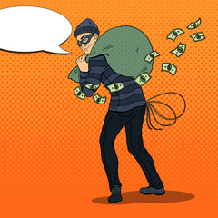 Thief in Black Mask with Money Bag. Pop Art retro vector illustration