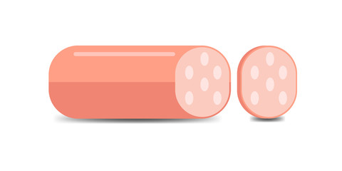 Sausage and a piece. Milk sausage, meat semi-finished products. Vector flat