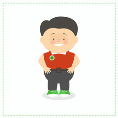 Caucasian boy with black hair, smiling, standing. Vector cartoon
