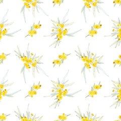 Watercolor seamless pattern with mimosa branches on light-blue background. Repeating texture