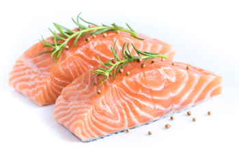 Sliced raw salmon on white background