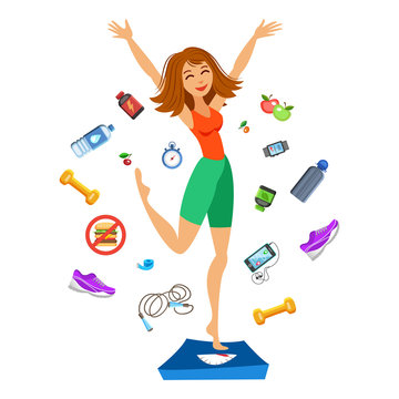 Sporty young woman jumping on the scales. Happy fit girl. Smiling cartoon girl with fitness kit elements. Sport concept, vector illustration.