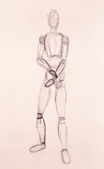 Fototapeta na wymiar sketch of wooden posable drawing figure for artists on abstract background.