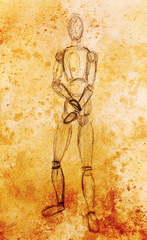 sketch of wooden posable drawing figure for artists on abstract background.