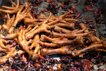 Spicy fried chicken legs, street food restaurant in Chinese water village Xitang, located in Zhejiang Province, China