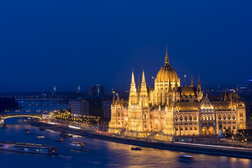 Fototapeta na wymiar Hungarian Parliament Building And Danube River At Night, Budapest, Hungary