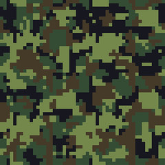 Digital pixel camouflage seamless texture pattern set. Green camouflages. Vector fabric textile print designs.