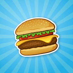 Vector illustration. Hamburger with cheese, tomato and salad. Unhealthy food. Sticker in cartoon style with contour. Decoration for patches, prints for clothes, badges, posters, emblems, menus