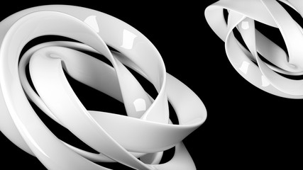 Abstract white ribbon structures on black background. 3D illustration.
