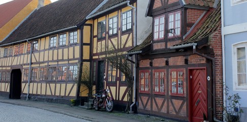 Historic, half-timbered houses in the old part of the town of Nyborg
