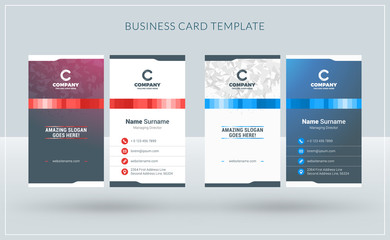 Vertical double-sided creative business card templates. Red and blue versions. Vector illustration. Stationery design