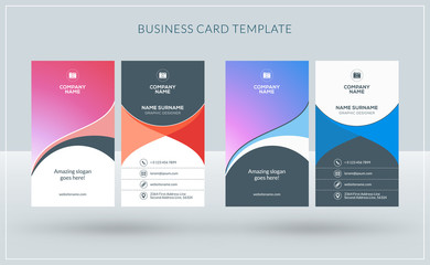 Vertical double-sided creative business card templates. Red and blue versions. Vector illustration. Stationery design