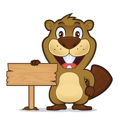 Beaver holding a wooden sign