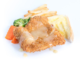 Deep Fried Dolly Fish Steak with French fries on white background