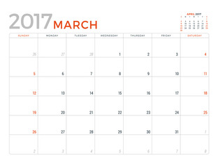 2017 Calendar Planner Vector Design Template. March. Week Starts Sunday