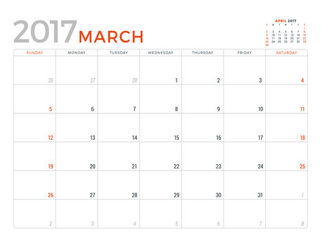 2017 Calendar Planner Vector Design Template. March. Week Starts Sunday