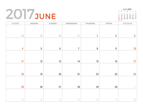 2017 Calendar Planner Vector Design Template. June. Week Starts Sunday