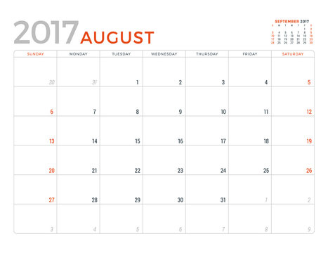 2017 Calendar Planner Vector Design Template. August. Week Starts Sunday