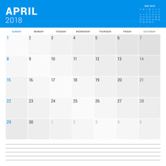 April 2018. Calendar planner vector design print template. Week starts on Sunday. Stationery design